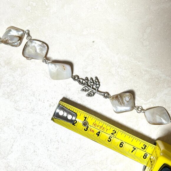 Irregular Mother of Pearl Shell Beads + Silver Leaf Branch Pendant Necklace - Picture 11 of 12